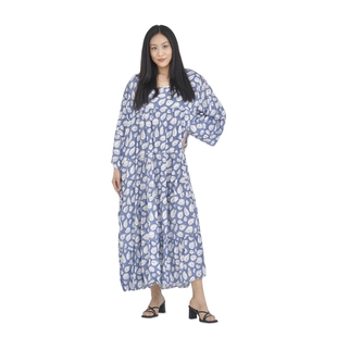 Close Out Deal - Viscose Leaf Print Long Dress - Blue & Multi