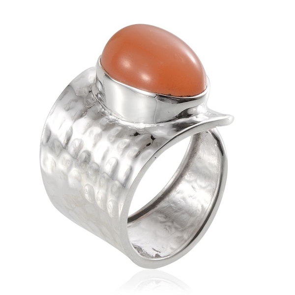 Jewels of India Mitiyagoda Peach Moonstone (Ovl) Adjustable Solitaire Ring in Sterling Silver 9.390 Ct.
