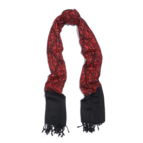 Designer Inspired 100% Merino Wool Red Colour Floral Embroidered Black Colour Scarf with Fringes (Size 200x70 Cm)