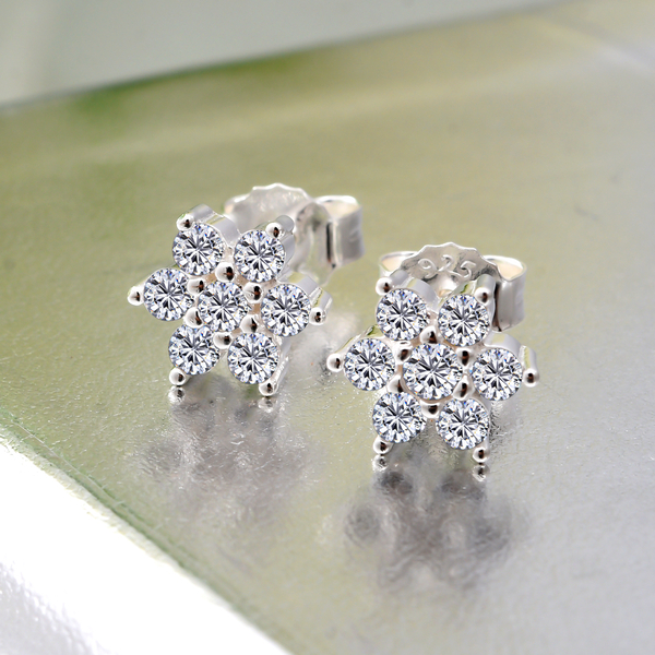 ELANZA Simulated Diamond Floral Stud Earrings (With Push Back) in Platinum Overlay Sterling Silver