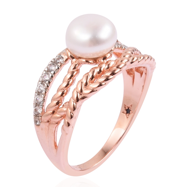 GP Fresh Water Pearl (Rnd 8-8.5mm), Natural White Cambodian Zircon and Madagascar Blue Sapphire Ring in Rose Gold Overlay Sterling Silver