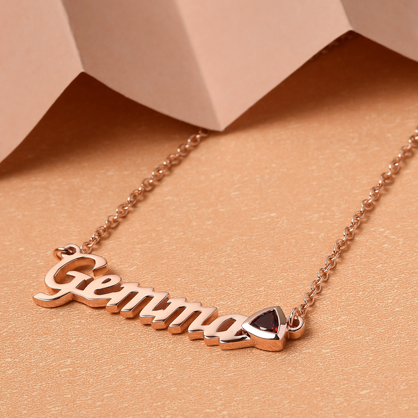 Personalised Garnet Gemstone Name Necklace in Brass, Font- Script MT Bold