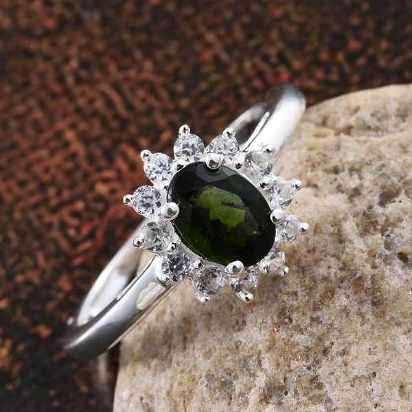 Designer Inspired- Chrome Diopside (Ovl), Natural White Cambodian Zircon Floral Ring in Sterling Silver 1.250 Ct.