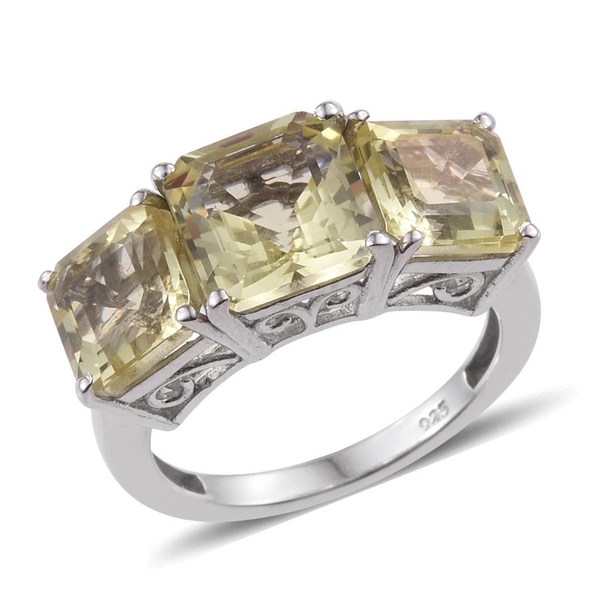Asscher Cut Natural Ouro Verde Quartz (Oct 2.35 Ct) 3 Stone Ring in Platinum Overlay Sterling Silver