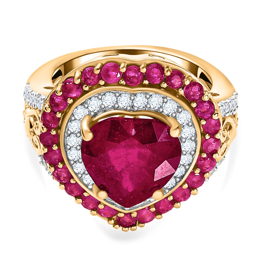 African Ruby & Natural Zircon Ring in 18K Vermeil Yellow Gold Plated Sterling Silver 8.10 Ct, Silver Wt. 5.85 Gms