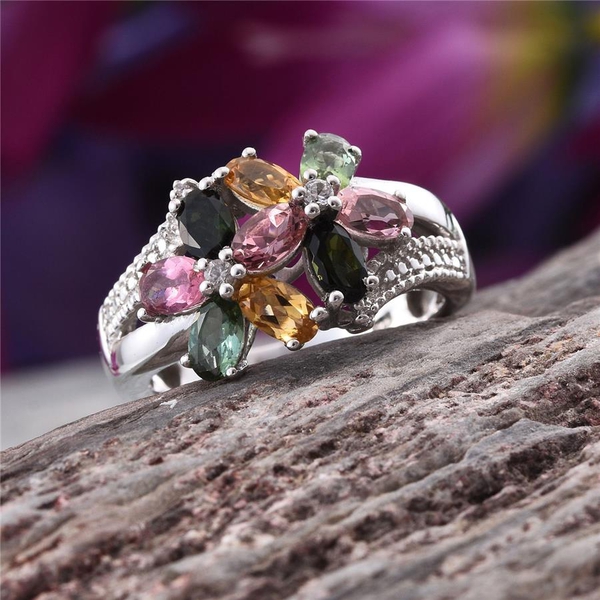 Rainbow Tourmaline (Ovl), Natural Cambodian Zircon Ring in Platinum Overlay Sterling Silver 2.000 Ct.