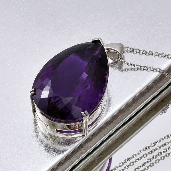 AAA Lusaka Amethyst Pendant with Chain (Size 24) in Rhodium Overlay Sterling Silver 100.00 Ct