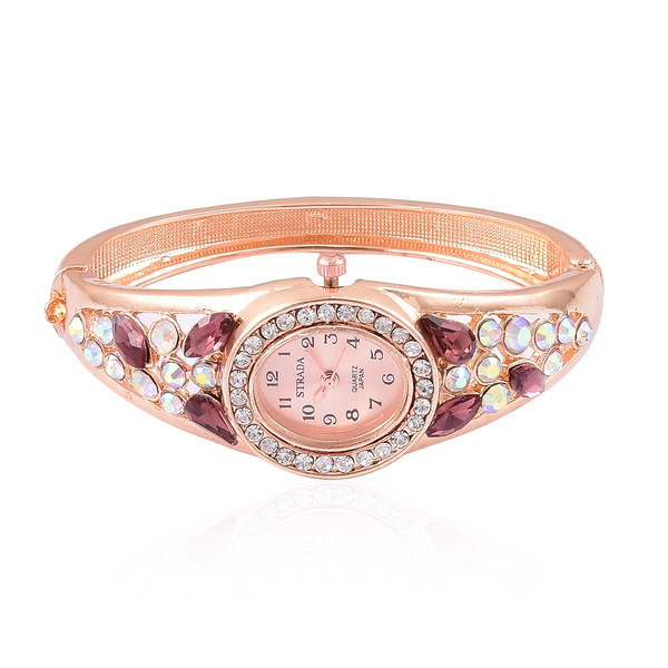 Designer Inspired - STRADA Japanese Movement Sunshine Dial Bangle Watch in Rose Gold Tone with White Austrian Crystal, Simulated AB and Purple Colour Diamond