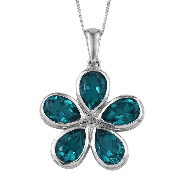 Capri Blue Quartz (Pear) Floral Pendant With Chain in Platinum Overlay Sterling Silver 7.750 Ct.