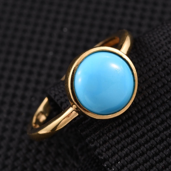 Arizona Sleeping Beauty Turquoise 2 Carat Round Solitaire Silver Ring in Gold Overlay Bezel Set.