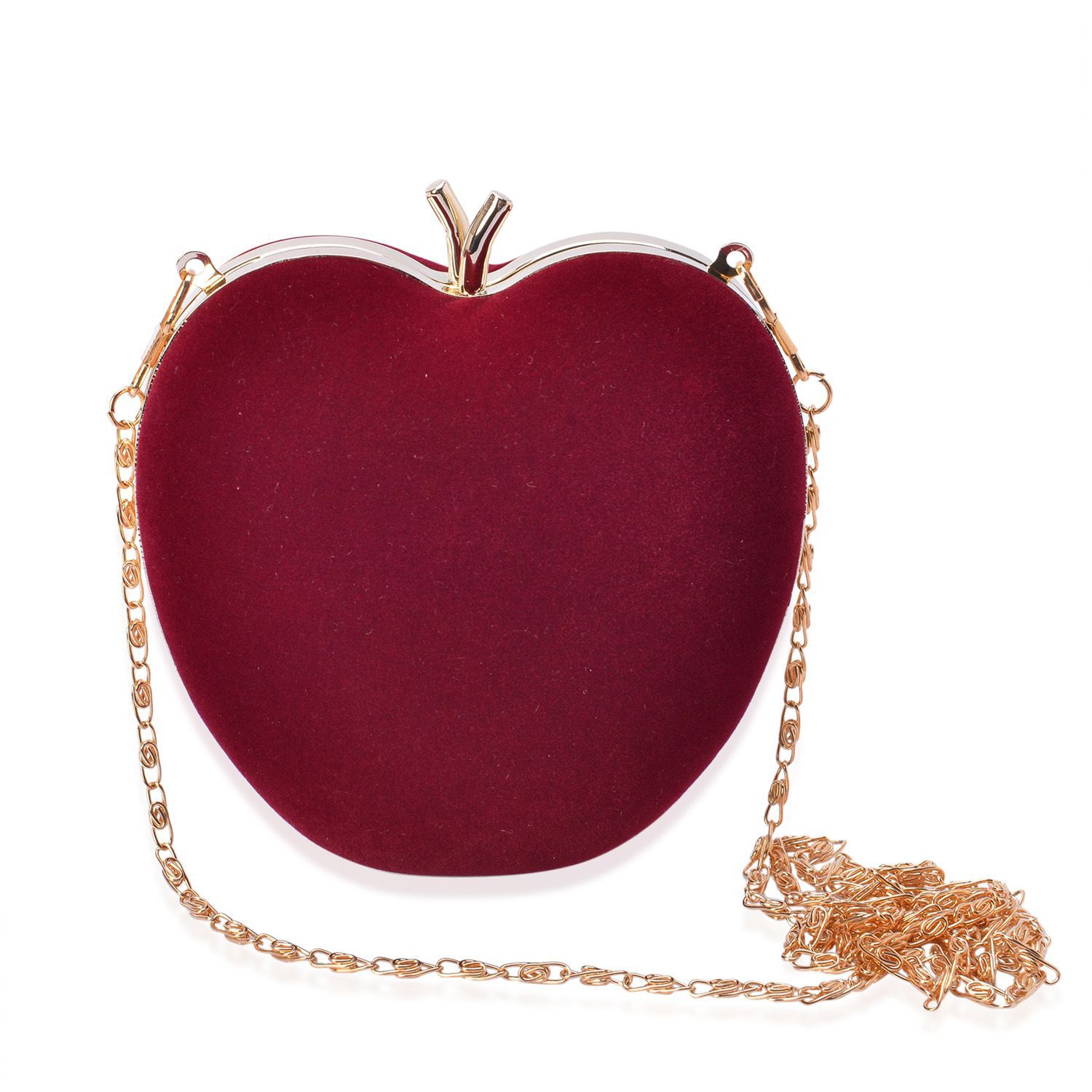 Burgundy Colour Apple Shape Clutch Bag in Gold Tone with Removable Chain Strap (Size 12x12x6 Cm)