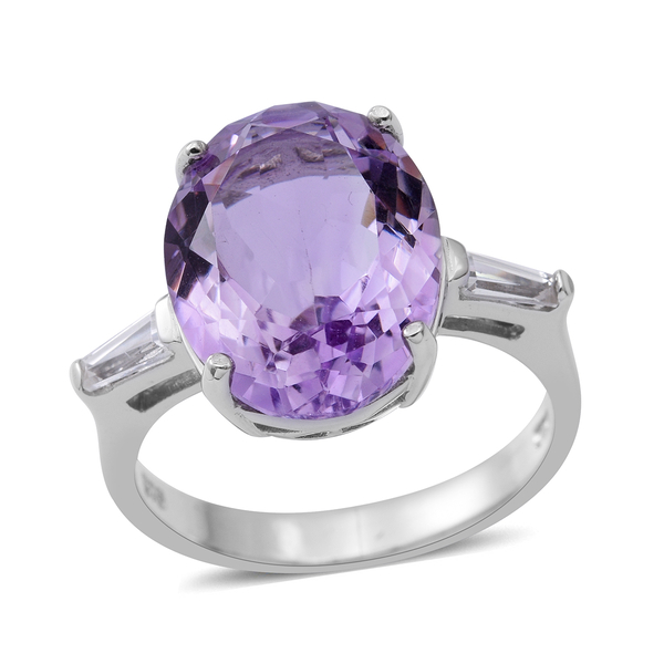 Rose De France Amethyst (Ovl 8.13 Ct), Natural White Cambodian Zircon Ring in Rhodium Plated Sterlin