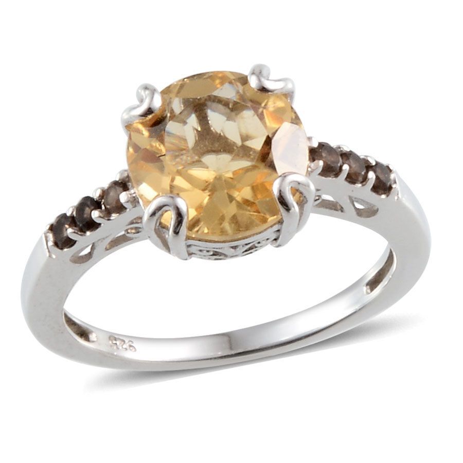 Citrine (Rnd 2.00 Ct), Brazilian Smoky Quartz Ring in Platinum Overlay Sterling Silver 2.050 Ct.