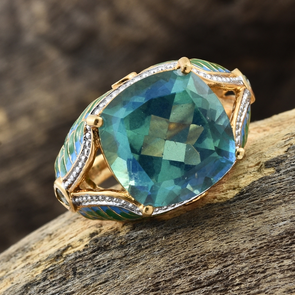 GP Peacock Quartz (Cush 14x14 mm), Green Sapphire and Kanchanaburi Blue Sapphire Ring in 14K Gold Overlay Sterling Silver 10.520  Ct.