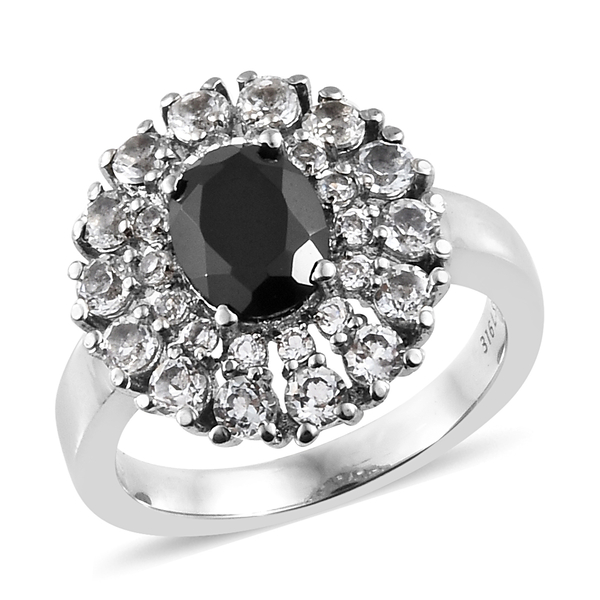3.25 Ct Black Spinel and White Topaz Halo Ring in Silver Tone