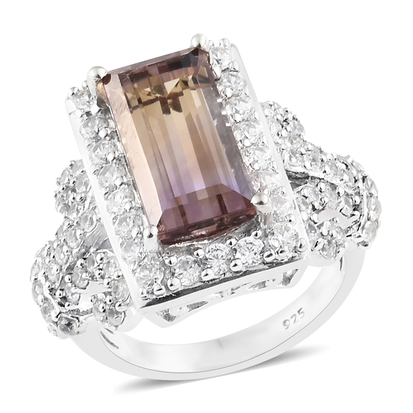 5.75 Ct Ametrine and Zircon Cluster Ring in Platinum Plated Silver 7.88 Grams