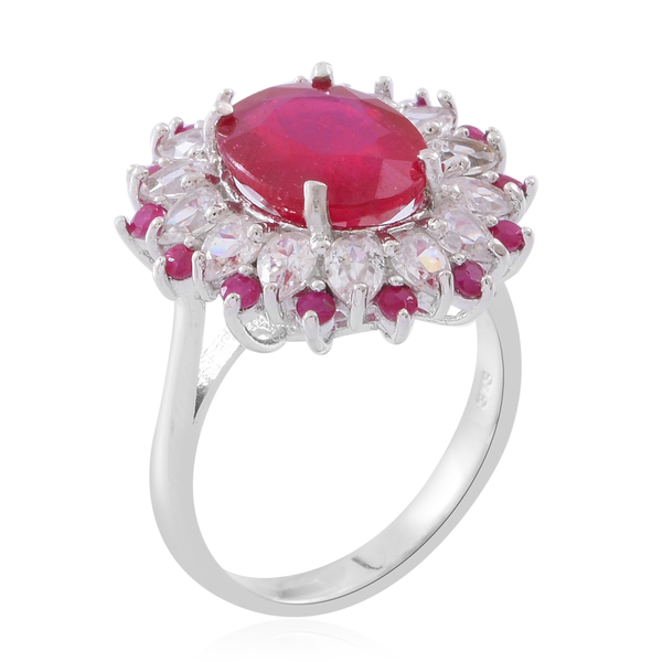 African Ruby (Ovl 6.00 Ct), Ruby and Natural White Cambodian Zircon Ring in Rhodium Plated Sterling Silver 8.750 Ct.