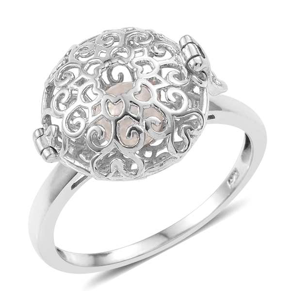 Secret-Treasure Ring Fresh Water Pearl (Rnd 6mm) Filigree Ball Ring in Platinum Overlay Sterling Sil