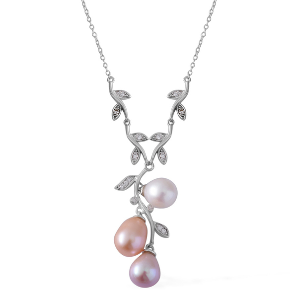 Fresh Water White, Peach and Purple Pearl, Simulated Diamond Necklace (Size 18) in Rhodium Plated St