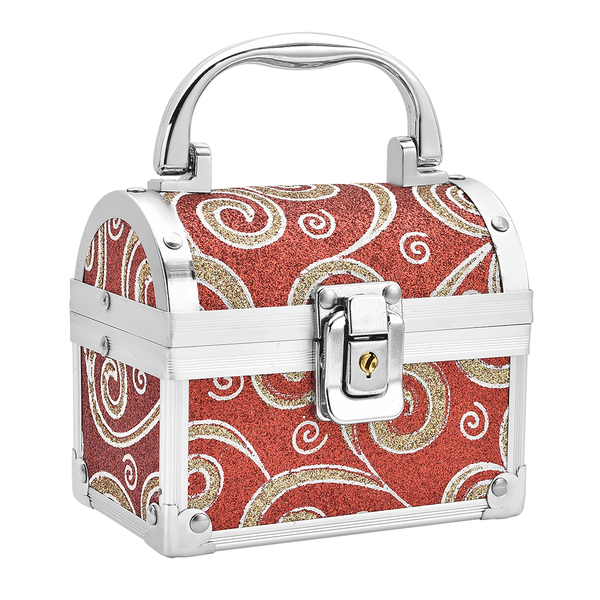 2 Layer Floral Pattern Aluminium Jewellery Organizer with Handle, Lock and Inside Mirror (Size 12x10x7.5 Cm) - Red
