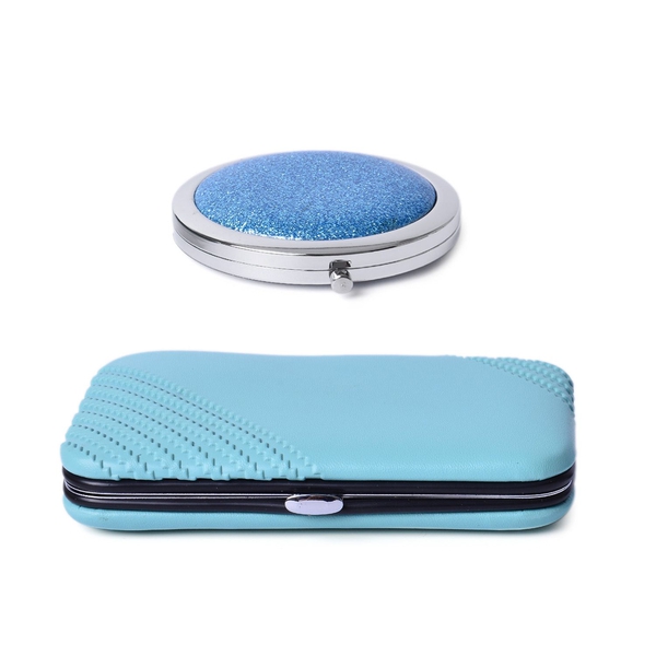 Turquoise Blue Colour Minicare Kit (6Pcs) and Blue Colour Compact Mirror in Stainless Steel