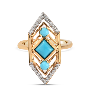 Arizona Sleeping Beauty Turquoise and Natural Cambodian Zircon Ring in Yellow Gold Overlay Sterling 