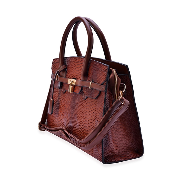 Belgravia Chocolate Snake Embossed Tote Bag with Adjustable and Removable Shoulder Strap (Size 34x28x10 Cm)