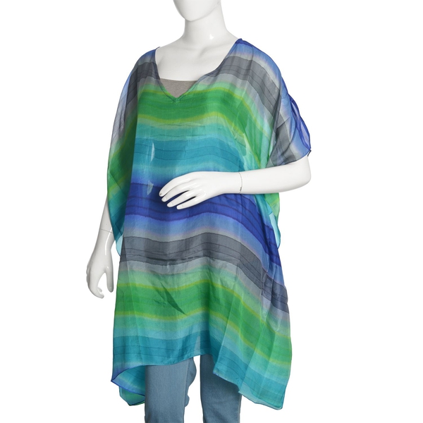 100% Mulberry Silk Blue, Green and Multi Colour Stripes Printed Kaftan (Free Size)
