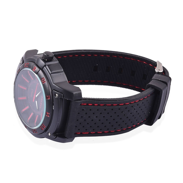 STRADA Japanese Movement Black Colour with Red Marks Dial Water Resistant Watch in Black Tone with Stainless Steel Back and Black Colour Rubber Strap