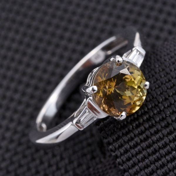 14K White Gold 2.55 Carat Natural Yellow Tanzanite Round, Diamond Ring.