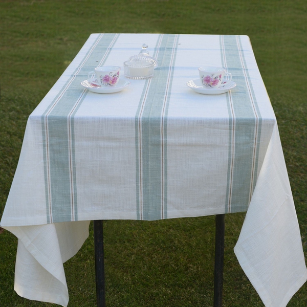 100% Cotton Olive Green Colour Stripe Pattern White Colour Table Cover (Size 260x180 Cm)