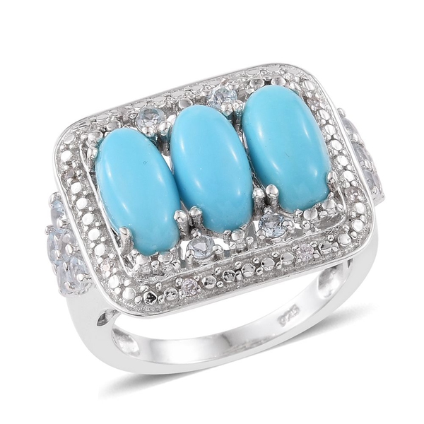 4.25 Ct Sleeping Beauty Turquoise Trilogy Design Ring in Platinum Plated Silver