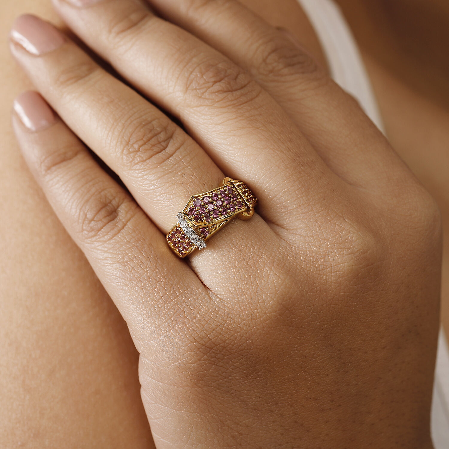 GP Royal Art Deco Collection - Rhodolite Garnet, Blue Sapphire & White Zircon Cluster Ring in 18K Vermeil Yellow Gold Plated Sterling Silver 1.41 Ct.