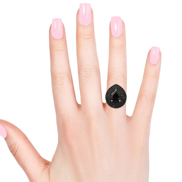 Boi Ploi Black Spinel (Pear 12x10 mm) Ring in Platinum Overlay with Black Plating Sterling Silver 7.000 Ct, Silver wt 5.64 Gms, Number of Gemstone 153.