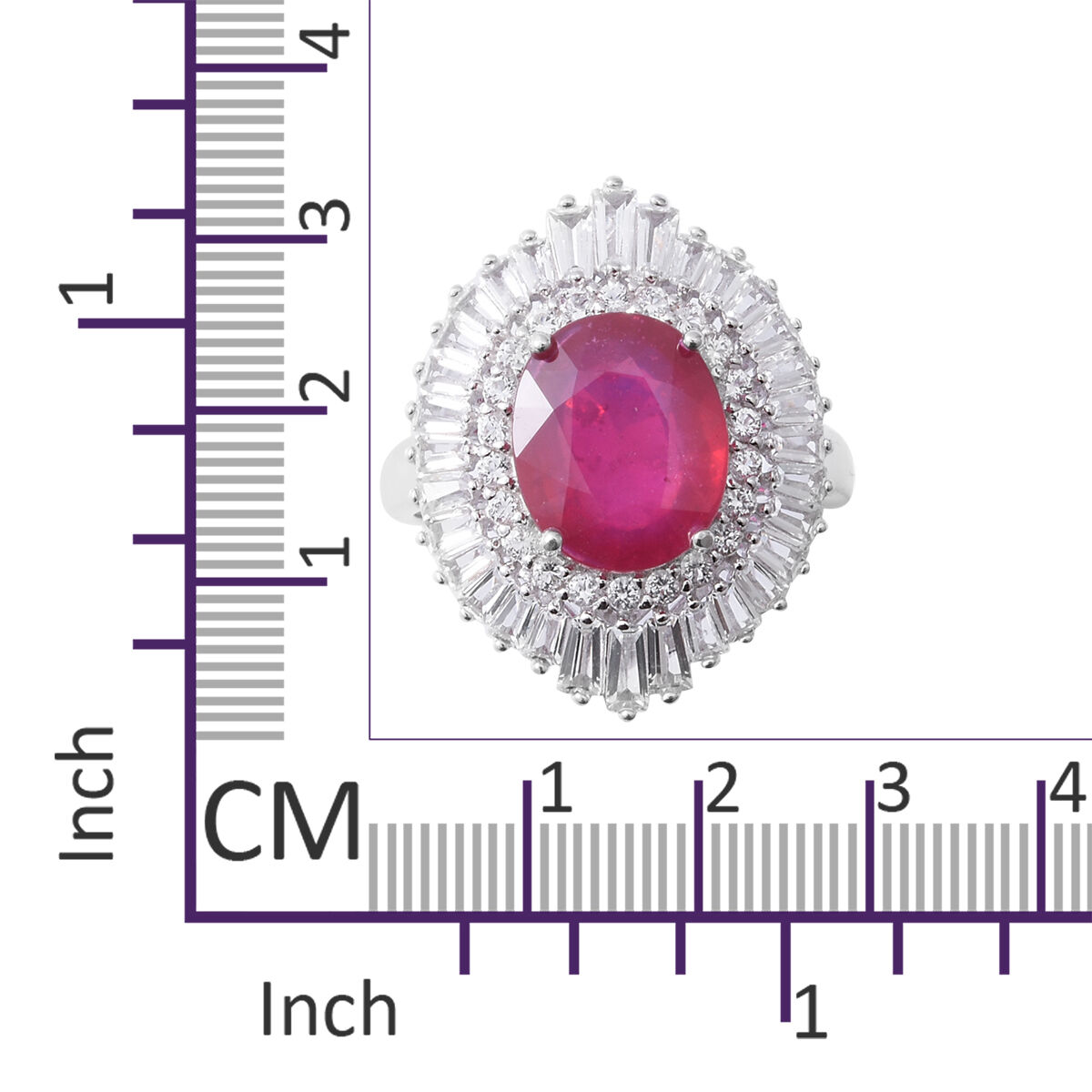 African Ruby (Ovl 7.12 Ct), White Topaz Ring in Rhodium Overlay Sterling Silver 8.920 Ct, Silver wt 5.50 Gms.