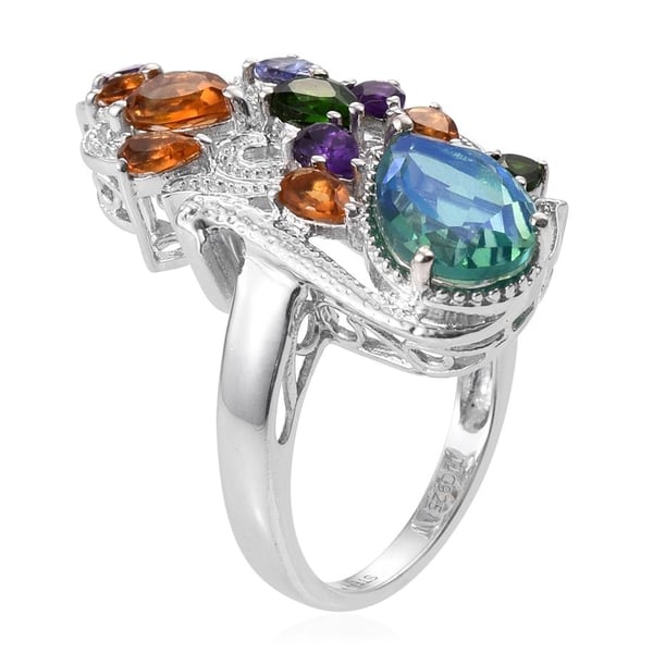 Stefy Peacock Quartz (Pear 3.25 Ct), Citrine, Chrome Diopside, Tanzanite, Amethyst and Pink Sapphire Ring in Platinum Overlay Sterling Silver 5.750 Ct.