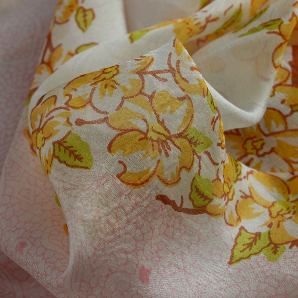 100% Mulberry Silk Yellow and Multi Colour Floral Pattern White Colour Scarf (Size 180x100 Cm)