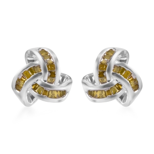 Yellow Diamond Knot Stud Earrings (with Push Back) in Platinum Overlay Sterling Silver 0.25 Ct.