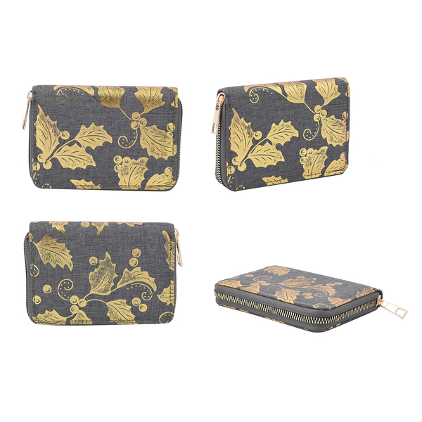 Set of 3 - Golden Leaves Pattern Jute Wallet with Zipper Closure (Size 20x10x2Cm, 15x10x2Cm & 11x9x2Cm) - Grey