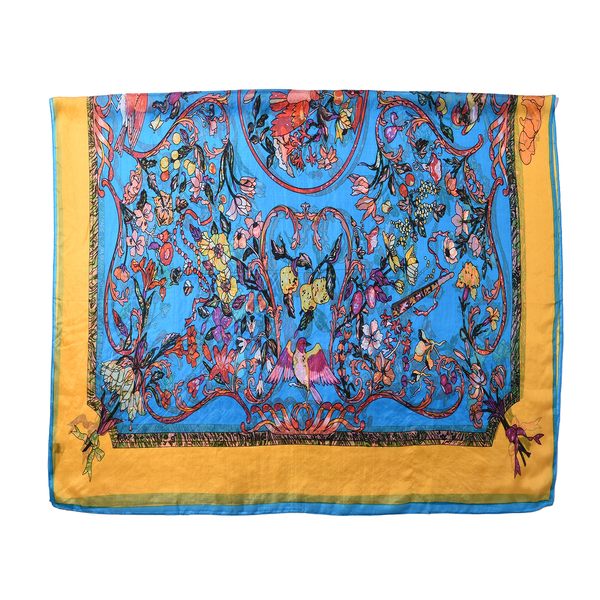 DOD - LA MAREY 100% Mulberry Silk Floral Pattern Womens Scarf (Size:175x110Cm) - Blue and Yellow