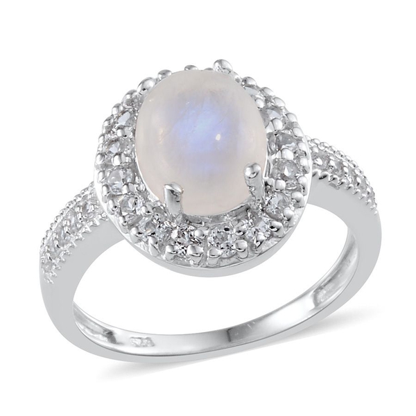 Rainbow Moonstone (Ovl 3.25 Ct), White Topaz Ring in Platinum Overlay Sterling Silver 4.100 Ct.