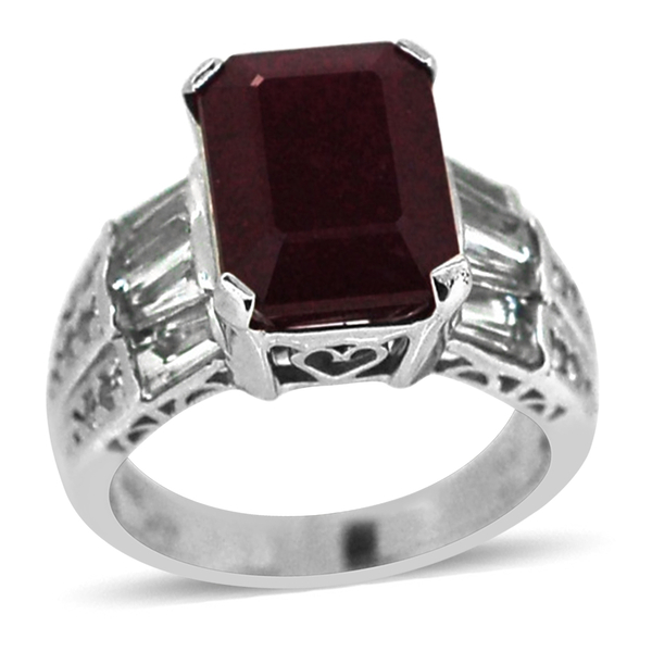 African Ruby (Oct 8.00 Ct), White Topaz Ring in Rhodium Plated Sterling Silver 10.060 Ct.