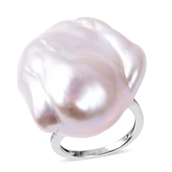Baroque Freshwater Pearl and Diamond Solitaire Ring in Rhodium Plated Silver