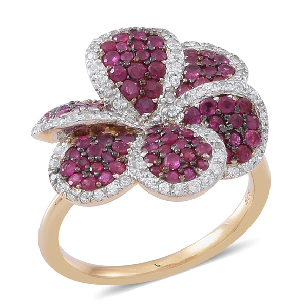 Ruby (Rnd), Natural Cambodian White Zircon Floral Ring in 14K Gold Overlay Sterling Silver 2.000 Ct.
