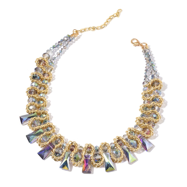 Simulated Multi Colour Diamond Necklace (Size 16 with 4 inch Extender) and Stretchable Bracelet (Size 7.50) in Yellow Gold Tone