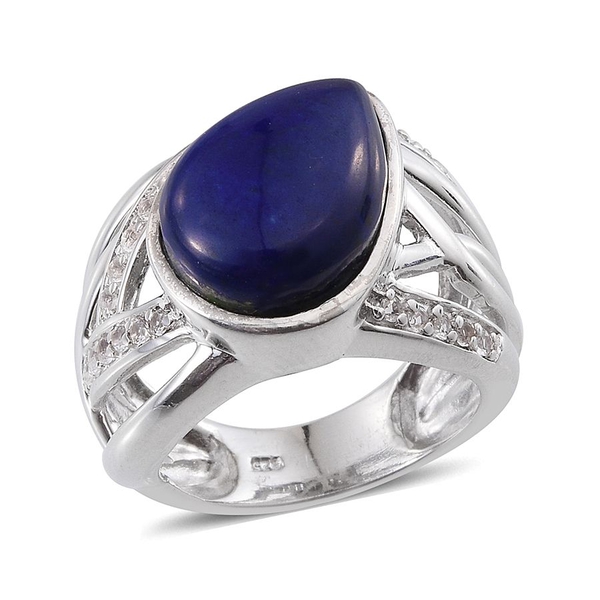 Lapis Lazuli (Pear 10.00 Ct), White Topaz Ring in Platinum Overlay Sterling Silver 10.500 Ct.