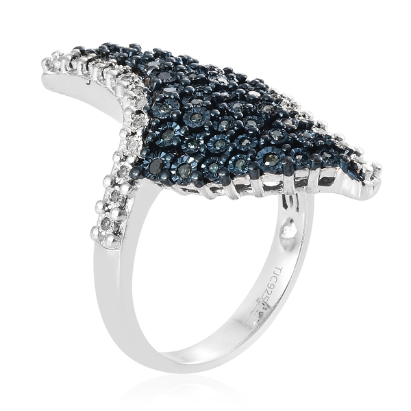 GP Blue Diamond (Rnd), Kanchanaburi Blue Sapphire Cluster Ring in Blue and Platinum Overlay Sterling Silver 0.520 Ct, Silver wt 7.72 Gms.