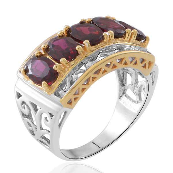 Rhodolite Garnet (Ovl) 5 Stone Ring in Rhodium and Yellow Gold Overlay Sterling Silver 4.500 Ct, Silver wt. 6.70 Gms.