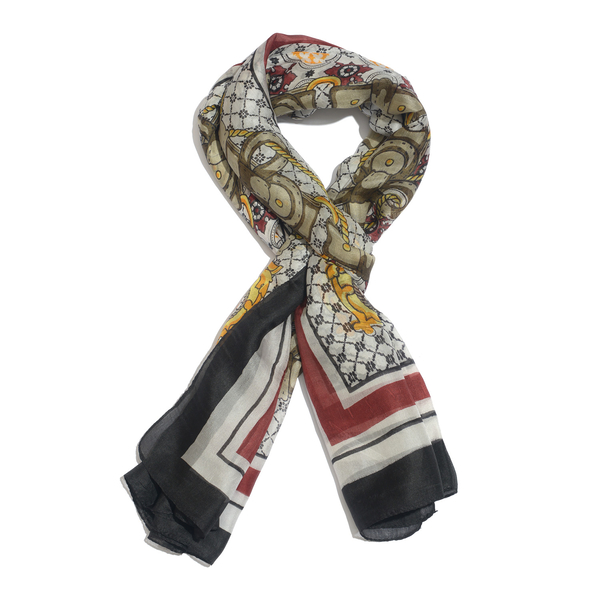 100% Mulberry Silk Black, Red and Multi Colour Floral Pattern White Colour Scarf (Size 180x100 Cm)