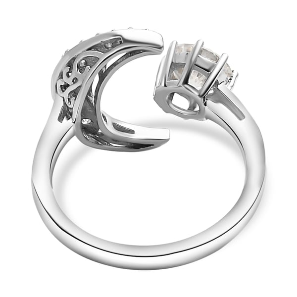 Personalised Engravable Moissanite Crescent Moon Open Ring in Platinum Overlay Sterling Silver 1.02 Ct.